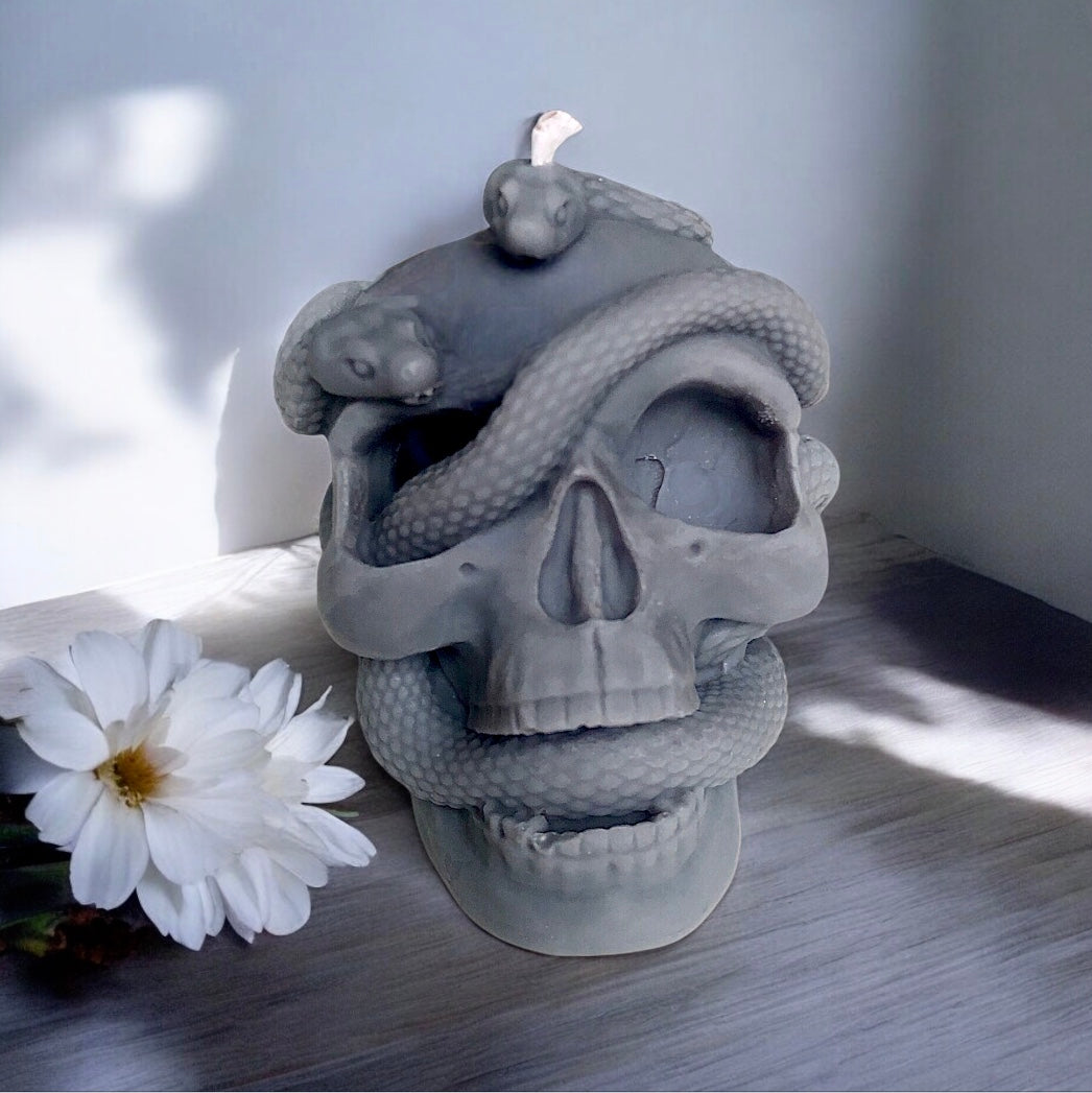 Gothic Skull With Snake Statue Candle