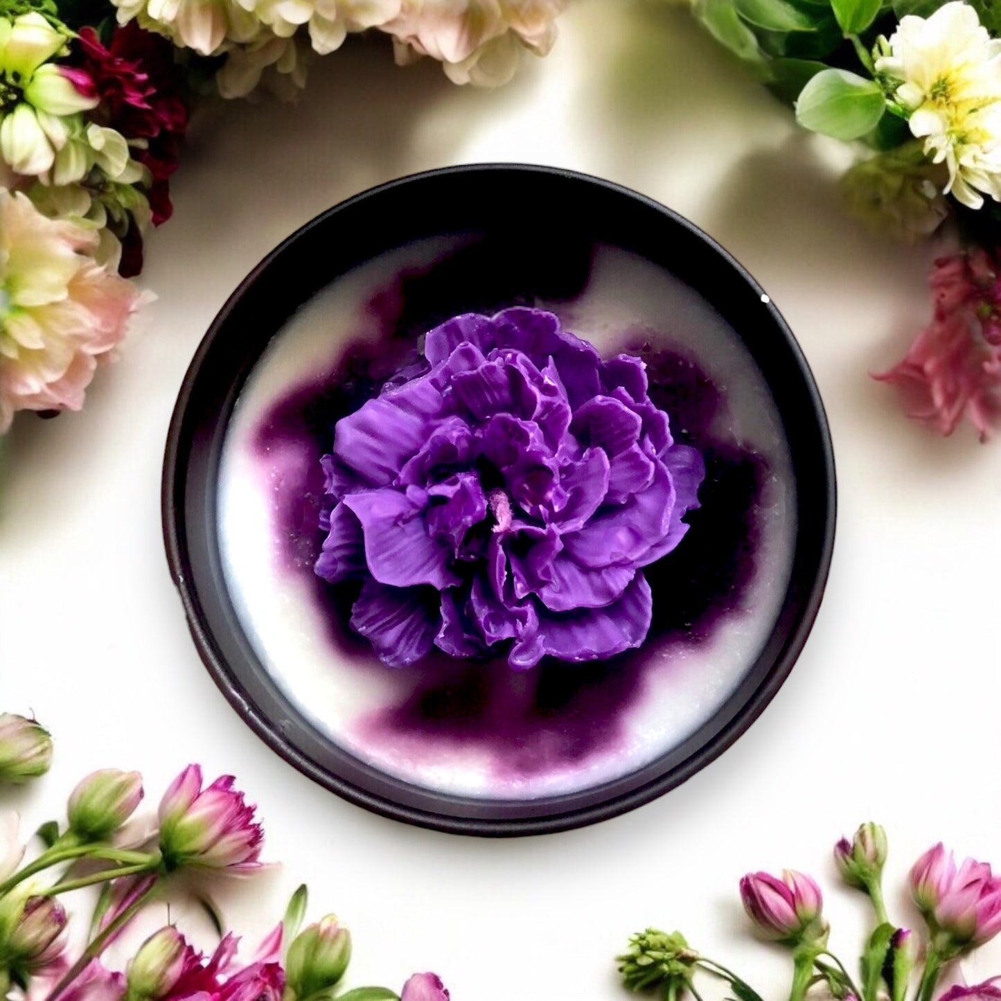 Purple Flower Candle in Black Tin