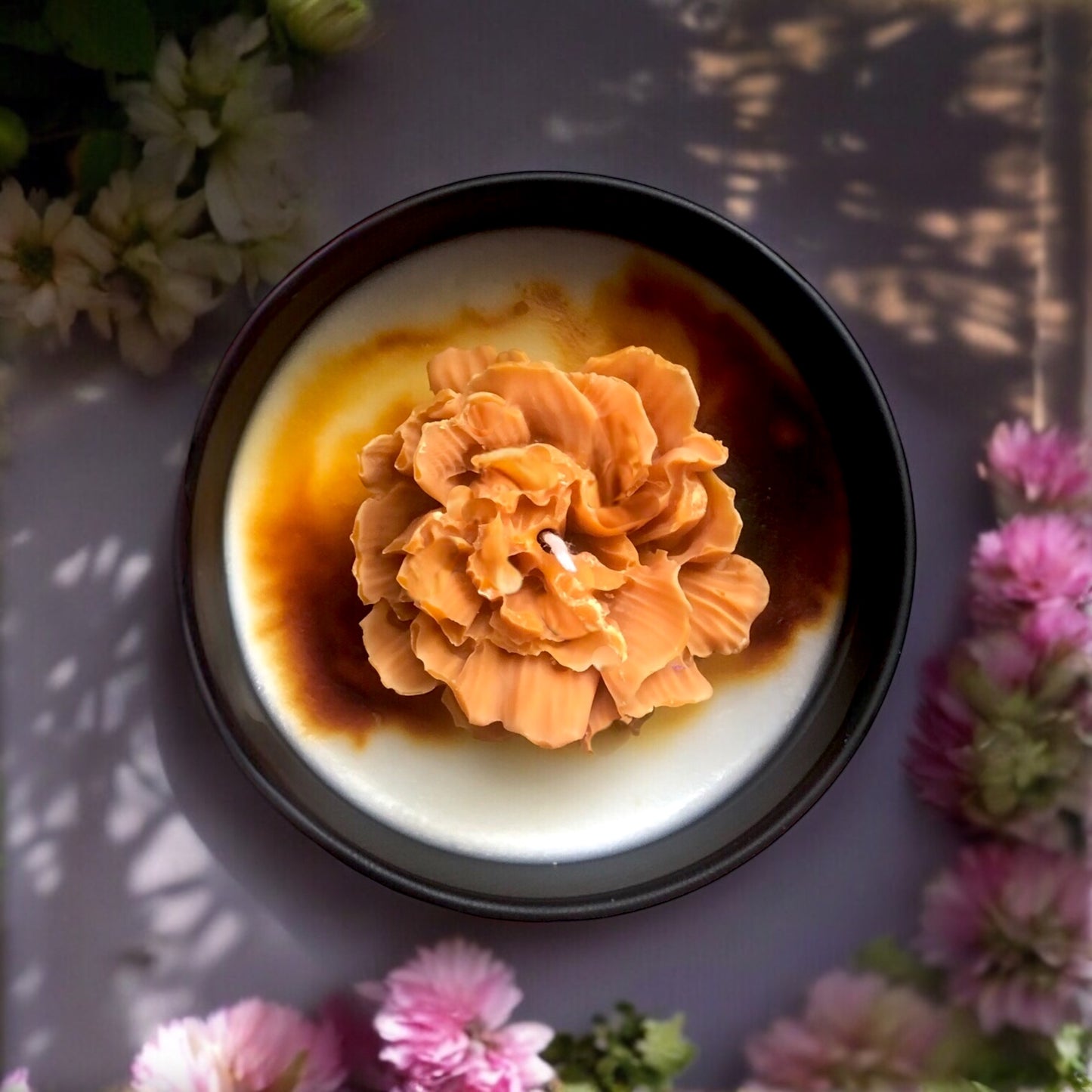 Orange Flower Candle In Black Tin