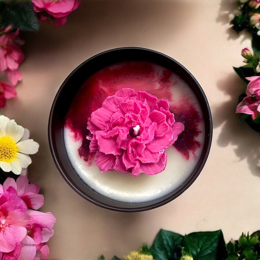 Pink Flower Candle In Black Tin