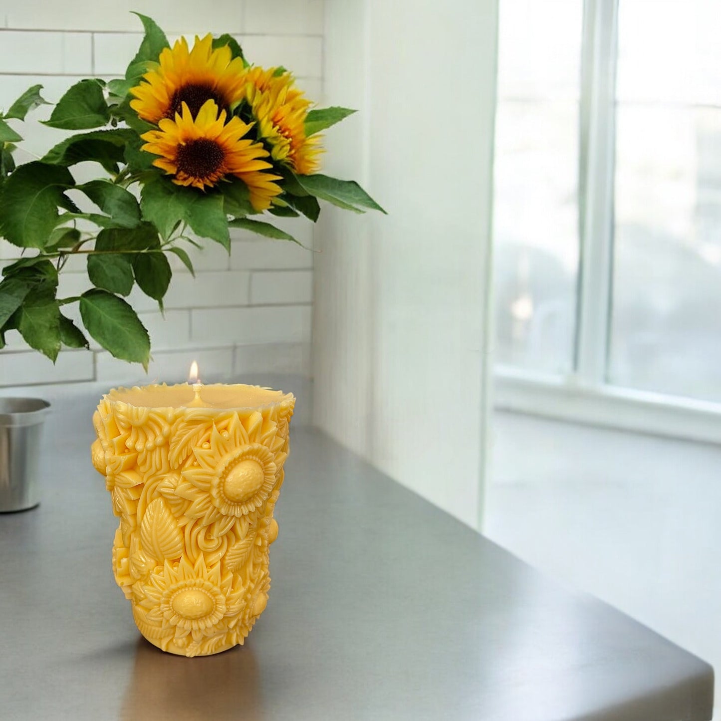 Yellow Sunflower Pillar Candle