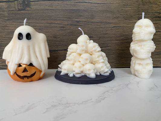 Halloween Pillar Candle Bundle Handmade Soya Wax Skulls and Ghost